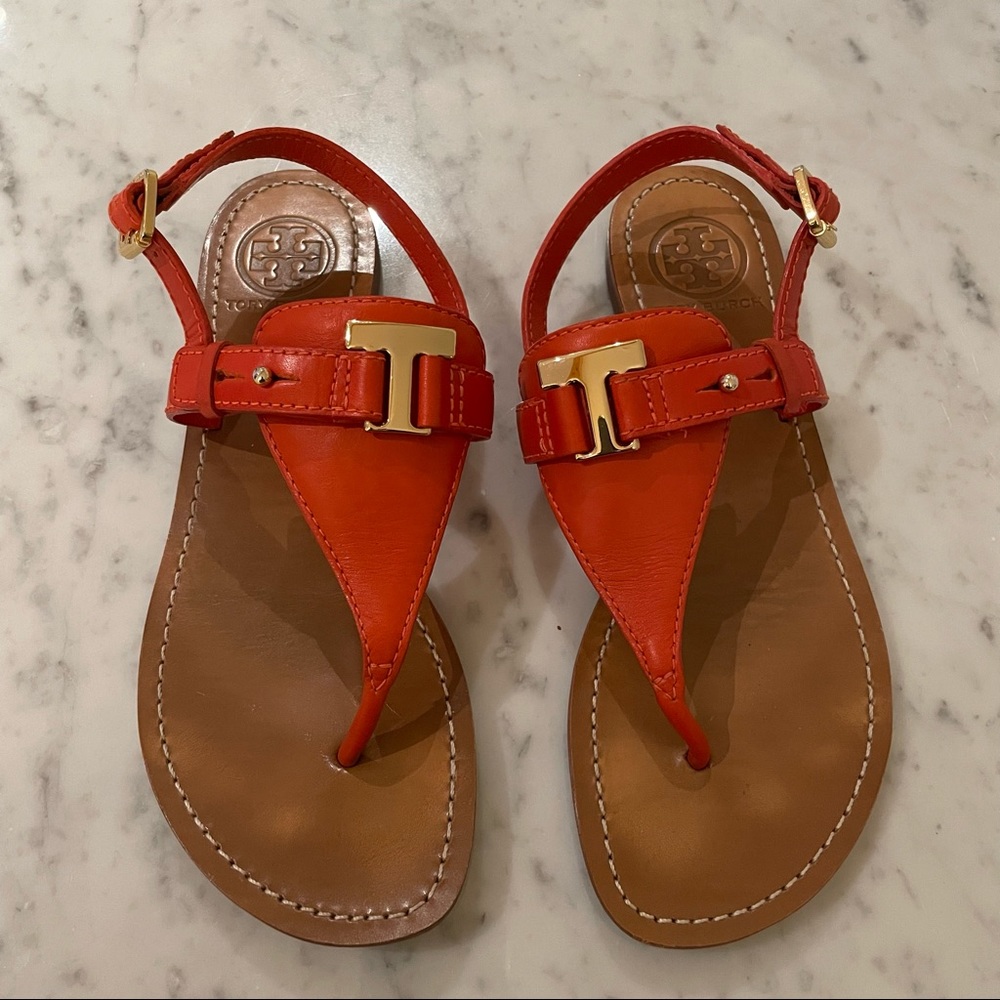 Tory Burch Sandals, Orange + Gold, Size 6.5